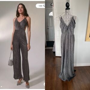 UO Large Sparkly Glitter Silver Cut Out Slight Flare Jumpsuit. Tie Back.